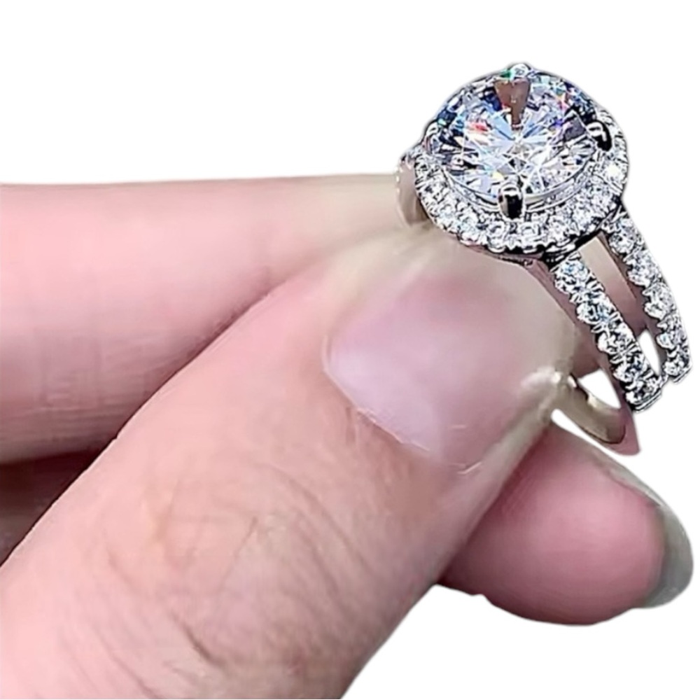 Silver Engagement Anniversary Ring Silver Halo AAA Zircon Solitaire Ring NWT - Picture 7 of 7